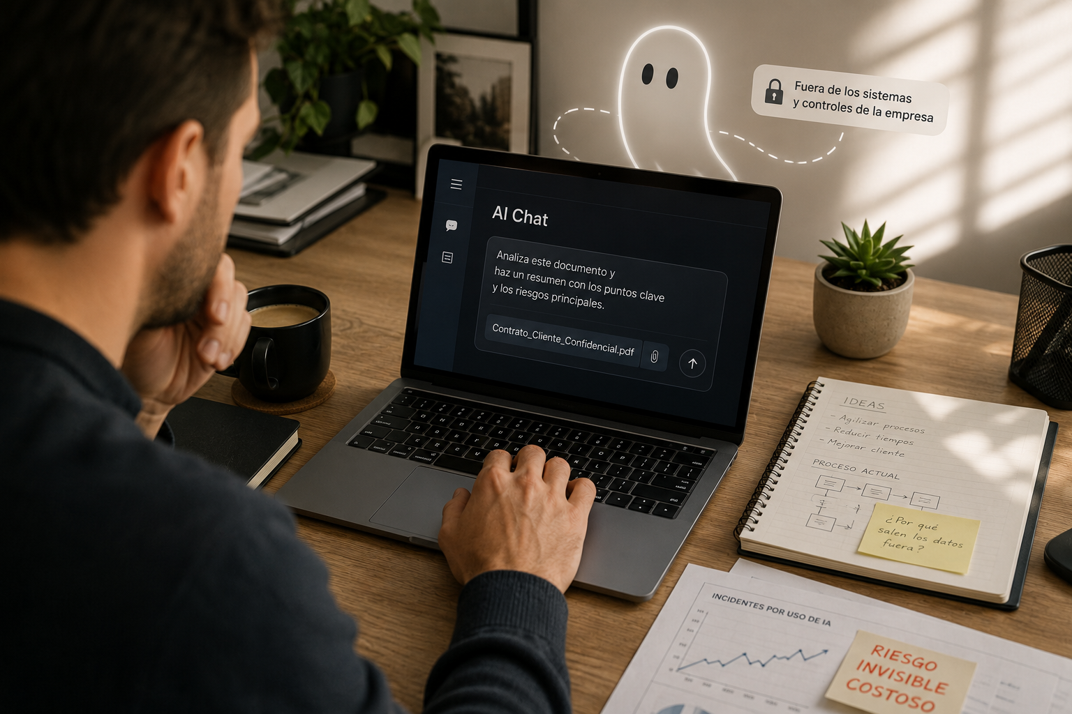 Empleado utilizando una herramienta de IA fantasma en una empresa